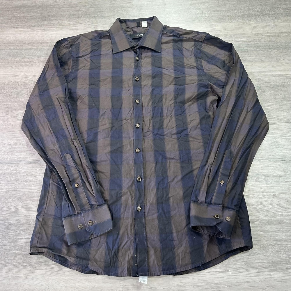 Haupt Shirt Mens Medium Blue‎ Gray Plaid Button Up Long Sleeve Germany Dressy